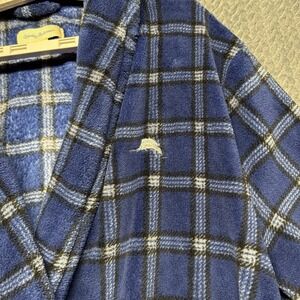 Tommy Bahama Men L/XL Blue Plaid Fleece Robe Bathrobe Lounge Wear Belted Pockets